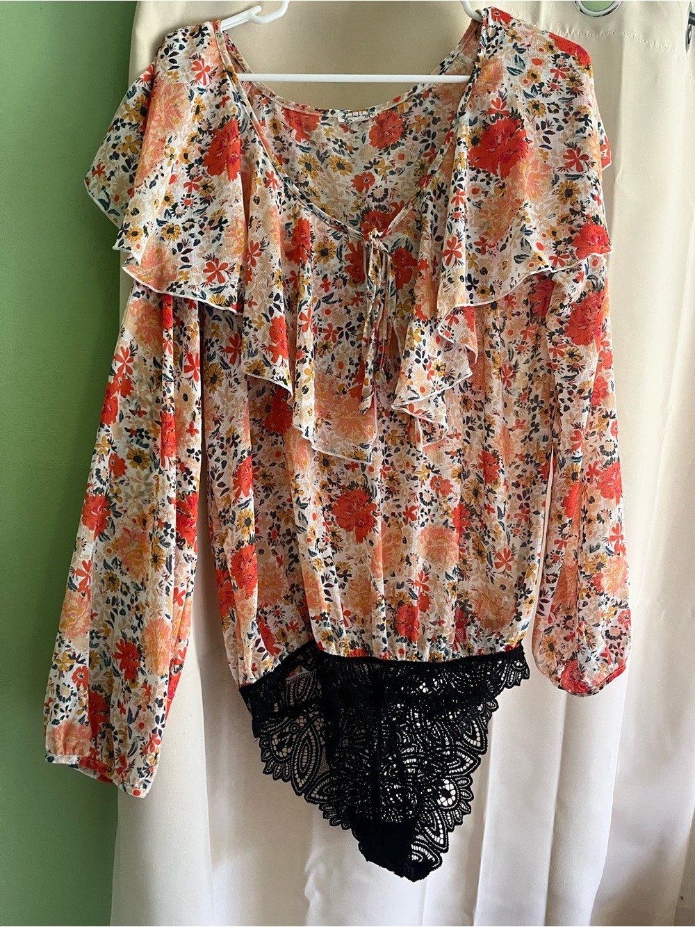 Free People Floral Ruffle Long-Sleeve Bodysuit in Cream and Coral. Medium.